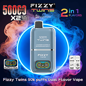 Advertisement showing a blue-gray Fizzy Twins dual-flavor vape device centered in a glowing neon ring with swirling blue and pink vapor, labeled with the Fizzy Twins logo, a '2 in 1 Flavors' tag, puff-count claims, and icons for dual tank, dual power mode, flavor change and adjustable airflow.