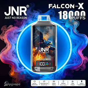 Promotional image of a JNR Falcon-X disposable vape device labeled Just No Reason and Mixed Berries centered inside a glowing blue ring, featuring a fiery eagle artwork on the device and surrounded by swirling multicolored vapor with bold text indicating 18,000 puffs and product icons along the bottom.