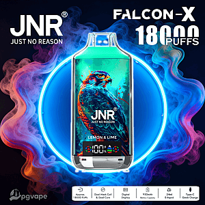 JNR Falcon‑X disposable vape device with a vivid falcon illustration and 'Just No Reason' and 'Lemon & Lime' labels, set inside a neon blue ring amid colorful smoke and advertising '18000 puffs' with icons for dual mesh coil, digital display, 950mAh battery, 24ml e-liquid, and Type‑C quick charge.