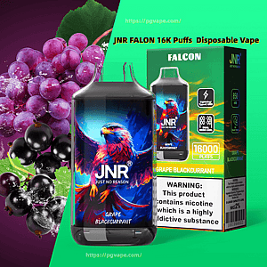 Jednorazowe urządzenie do waporyzacji JNR Falcon i pasujące pudełko z jaskrawą grafiką orła i brandingiem 'JNR', z etykietą 'Winogrono z czarnej porzeczki' i '16 000 zaciągnięć', pokazane obok kiści winogron i czarnych porzeczek oraz etykiety ostrzegającej o nikotynie.
