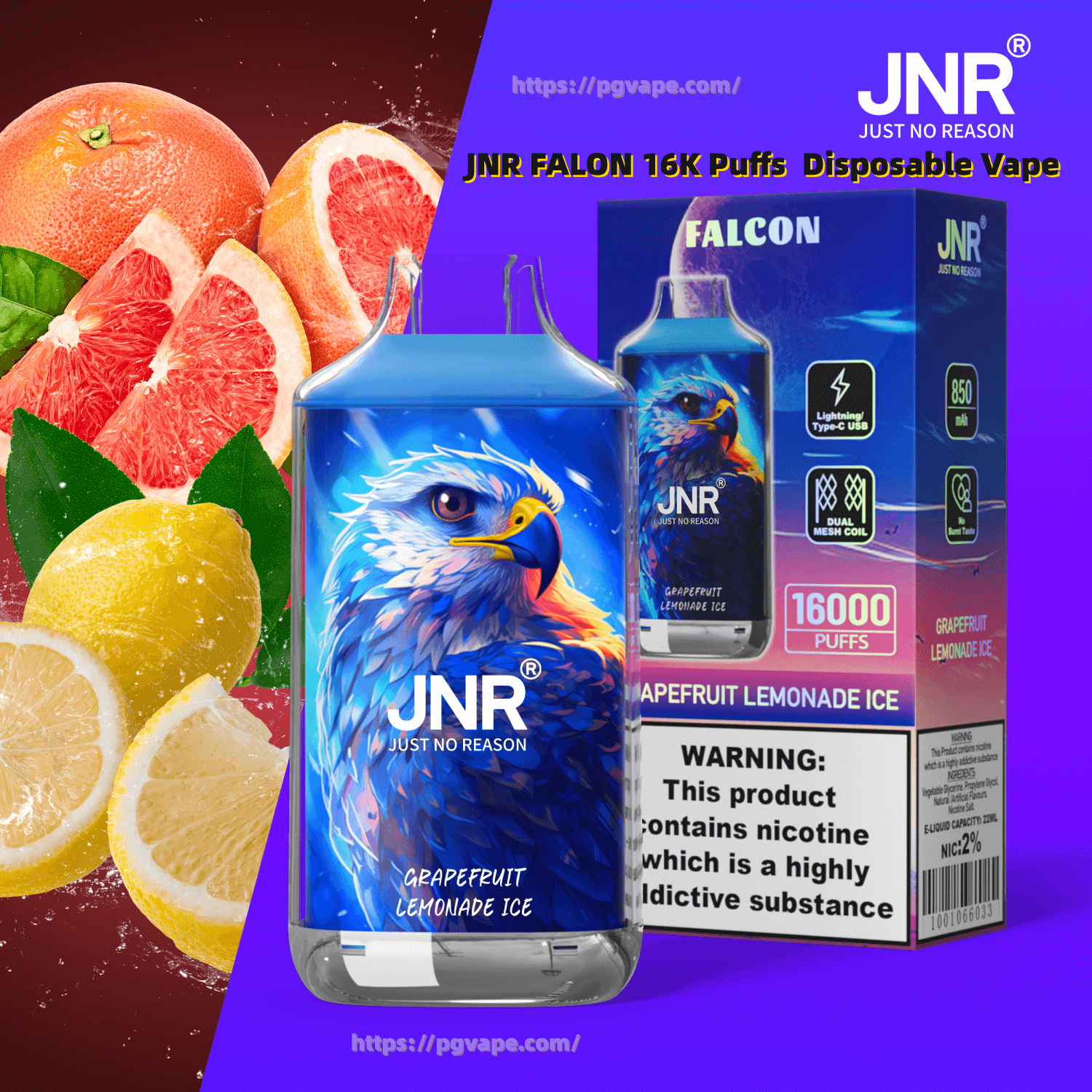 Kolorowa ekspozycja produktów przedstawiająca jednorazowe urządzenie do waporyzacji JNR Falcon i pudełko z ilustracją niebieskiego orła zatytułowaną Grapefruit Lemonade Ice z plasterkami grejpfrutów i cytryn w tle, tekstem opakowania informującym o 16 000 zaciągnięć i ostrzeżeniem o nikotynie.