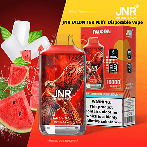 Czerwony jednorazowy waporyzator JNR Falcon z grafiką orła i pasującą etykietą na opakowaniu