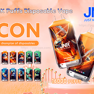 Reklama jednorazowych waporyzatorów JNR Falcon przedstawiająca dwa duże pomarańczowo-złote urządzenia z ilustracją szybującego sokoła, rzędy mniejszych kolorowych waporyzatorów przedstawiających smaki, logo JNR i tekst z napisem FALCON oraz 16 000 zaciągnięć na miękkim brzoskwiniowym tle.