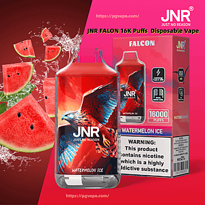Jasnoróżowo-czerwony obraz promocyjny przedstawiający jednorazowy vape JNR Falcon i pasujące pudełko z etykietą Watermelon Ice i 16 000 zaciągnięć, przedstawiający kolorową ilustrację ptaka na urządzeniu, bryzgające plasterki arbuza w tle i widoczną etykietę ostrzegawczą dotyczącą nikotyny.