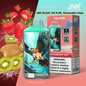 Zbliżenie na jednorazowe urządzenie do waporyzacji JNR Falcon i pasujące pudełko z kolorową grafiką orła z etykietą Strawberry Kiwi i 16 000 zaciągnięć, pokazane obok pokrojonych truskawek i kiwi oraz widocznego ostrzeżenia o nikotynie na opakowaniu.