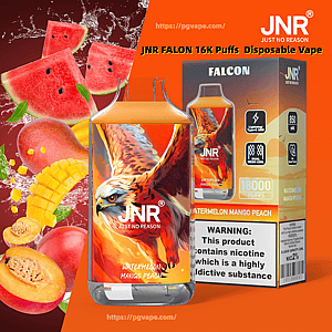 Jasnopomarańczowa reklama produktu przedstawiająca jednorazowy waporyzator JNR Falcon i jego pudełko z etykietą Falcon oraz 16 000 zaciągnięć z ilustracją orła, otoczone plasterkami arbuza, mango i brzoskwini oraz etykietą ostrzegającą przed nikotyną.
