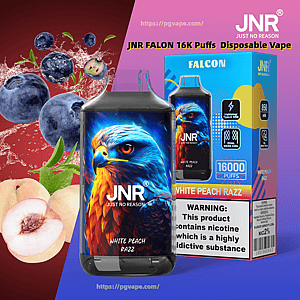 Jednorazowe urządzenie do waporyzacji JNR Falcon z odważną niebiesko-pomarańczową grafiką jastrzębia na kapsułce przed pasującym pudełkiem z etykietą