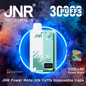 Advertising image featuring a mint-green and white JNR Power Mate disposable vape with a digital battery display centered in a neon blue ring and colorful smoke, accompanied by the text 'JNR Just No Reason', '30 PUFFS', and a small illustration labeled '5000mAh Power Bank'.
