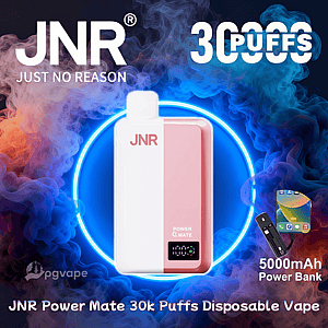 White-and-pink JNR Power Mate disposable vape with a small digital display centered inside a neon blue ring against swirling blue and orange smoke, with branding reading 'JNR Just No Reason', a '30,000 puffs' label and a small '5000mAh Power Bank' icon.