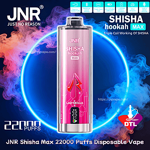 Pink metallic cylindrical JNR Shisha Hookah Max disposable vape centered against a dark background with a glowing blue neon ring and drifting purple, orange and blue smoke, with product text and icons showing 22,000 puffs, DTL hookah use, and the model name 'Lady Killa' visible.