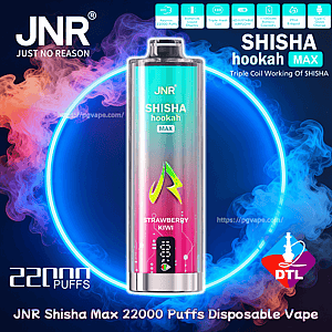 A metallic teal-to-pink JNR Shisha Hookah Max disposable vape centered inside a glowing neon-blue ring with colorful vapor plumes, labeled Strawberry Kiwi and marked 22000 puffs with feature icons around it on a dark background.
