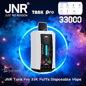 White-and-black JNR Tank Pro disposable vape device with a mouthpiece and digital display centered inside a glowing blue ring, surrounded by purple and blue vapor clouds, with prominent text reading JNR Just No Reason, TANK Pro, 33,000 puffs and small product spec icons at the top right.