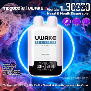 White UWAKE disposable vape device with two rounded top nozzles and a black control panel, centered on a glowing blue ring against swirling purple and blue smoke, branded with 'mr.goodie' and 'UWAKE' and labeled '30,000 puffs' with icons for mouth and nasal inhalation.