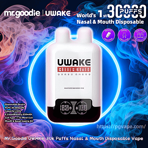 White UWAKE disposable vape with dual nasal-and-mouth nozzles centered on a glowing blue ring against purple and blue smoke, surrounded by branding and text reading World's 1st 30,000 puffs Nasal & Mouth Disposable, icons for mouth and nasal inhalation, and specs listing 30,000 puffs, 23mL capacity and 850mAh battery.