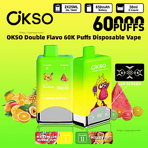 Anúncio verde-amarelo brilhante mostrando dois vapes descartáveis OKSO Double Flavo - um com um macaco de desenho animado e tela de LED - cercados por frutas e rotulados com 60.000 baforadas, destacando sabores de chiclete de melancia e frutas mistas e ícones para tanques de óleo de 2 × 25 ml, uma bateria de 650 mAh e e-líquido de 50 ml.