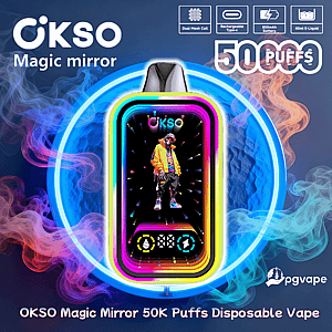 Bright advertisement for an OKSO Magic Mirror disposable vape showing a rainbow-lit, mirror-like device with a screen displaying a person in a yellow jacket, surrounded by a glowing blue neon ring and swirling multicolored vapor, with product badges for dual mesh coil, rechargeable Type‑C, 850mAh battery, 40ml e-liquid and a '50K puffs' claim.