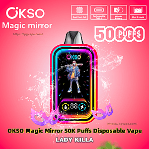 Publicité rose vif présentant une vape jetable OKSO Magic Mirror avec une bordure néon arc-en-ciel et un personnage stylisé sur son écran, des effets d'éclaboussures d'eau et un texte vantant OKSO Magic Mirror 50K Puffs plus des icônes pour une bobine à double maille, une recharge de type C, une batterie de 850 mAh et un e-liquide de 40 ml.