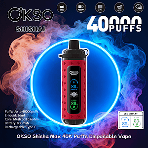 Red OKSO Shisha Max disposable vape with a black mouthpiece and illuminated LED display centered inside a glowing blue neon ring amid swirling red and blue smoke, with bold text advertising 40,000 puffs and product specs in the background.