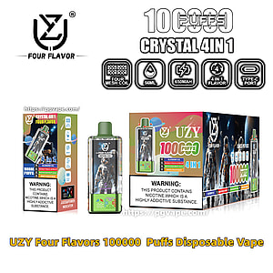Emballage du produit et dispositif pour vape jetable UZY Four Flavor ' Crystal 4-in-1 ' montrant une vape rectangulaire à dessus vert, une boîte de vente au détail et un manchon étiquetés 100 000 bouffées avec des icônes pour bobine à quatre mailles, 56 ml, 650 mAh, saveur 4 en 1 et port de type C, ainsi que des étiquettes d'avertissement sur la nicotine.