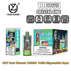 Photo du produit de la vape jetable UZY ' Crystal 4in1 ' et de son emballage : un appareil rectangulaire transparent avec un embout vert et un graphisme d'astronaute, deux boîtes colorées annonçant 100 000 bouffées et quatre saveurs, des icônes pour une bobine à quatre mailles, un e-liquide de 56 ml, une batterie de 650 mAh et un port de type C, ainsi qu'un avertissement bien visible concernant la dépendance à la nicotine.