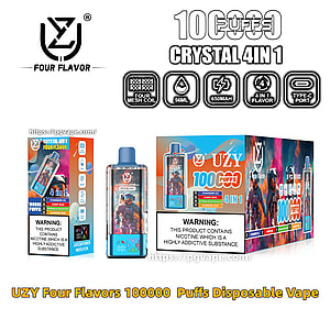 Image publicitaire pour le vape jetable 4-en-1 UZY Crystal montrant un appareil à dessus bleu avec une illustration d'astronaute, une boîte unitaire et une boîte multi-pack, des icônes visibles pour une bobine à quatre mailles, 56 ml, 650 mAh, une saveur 4-en-1 et un port Type-C, un texte d'avertissement sur la nicotine et le site Web du produit.