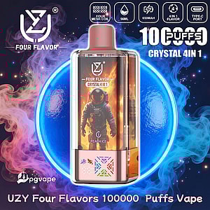 Vape jetable 4-en-1 UZY Four Flavor Crystal rose métallisé avec une étiquette d'astronaute, présentée sur un fond d'espace fumé bleu et rose avec des caractères gras