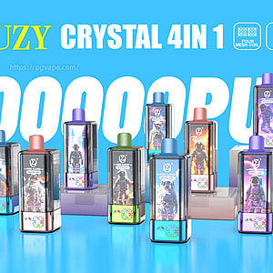 Rangée d'appareils de vapotage jetables 4-en-1 UZY Crystal colorés avec une illustration d'astronaute sur fond bleu, devant le grand texte “ 10000 PUFFS ” et le nom de la marque, avec des icônes indiquant une bobine à quatre mailles, 56 ml, 650 mAh, une saveur 4-en-1 et un port de type C.