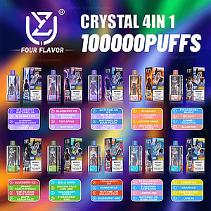 Affiche publicitaire avec le texte en gras ' CRYSTAL 4IN1 100000 PUFFS ' présentant des rangées d'appareils de vape jetables UZY colorés, des emballages en boîte et plusieurs listes de saveurs sur un fond dégradé arc-en-ciel.