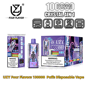 Vape jetable 4-en-1 Purple UZY Crystal et ses boîtes de vente au détail étiquetées 100 000 bouffées, montrant une illustration de l'appareil sur le thème des astronautes, une marque à quatre saveurs, des icônes de fonction (bobine à quatre mailles, 56 ml, 650 mAh, saveur 4-en-1, port de type C) et des étiquettes d'avertissement concernant la nicotine.