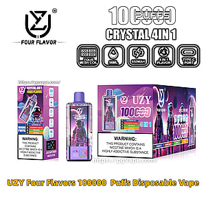 Emballage et présentation du produit pour une vape jetable 4-en-1 UZY Crystal dans un art violet sur le thème de l'espace, montrant l'appareil et deux boîtes, bien en vue