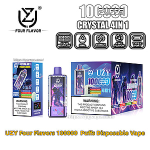 Appareil de vapotage jetable 4-en-1 UZY Crystal violet et boîtes de vente au détail illustrées avec des icônes et du texte mettant en évidence 100 000 bouffées, quatre saveurs, 56 ml, batterie 650 mAh, port Type-C, bobine maillée et étiquettes d'avertissement de nicotine.