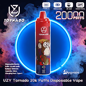 Red UZY Tornado disposable vape with a cartoon monkey illustration centered on a glowing blue circular background and colorful smoke, accompanied by text and icons noting 20,000 puffs, Type‑C charging, 850 mAh battery, 28 ml capacity and mesh coil.