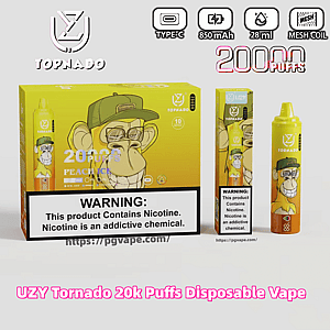 Caixa e dispositivo de vape descartável UZY Tornado amarelo mostrando um macaco sorridente de desenho animado usando um boné verde, texto proeminente '20.000 baforadas', ícones para Type-C, 850 mAh, 28 ml e bobina de malha, e uma grande etiqueta de advertência de nicotina, tudo em um fundo branco.