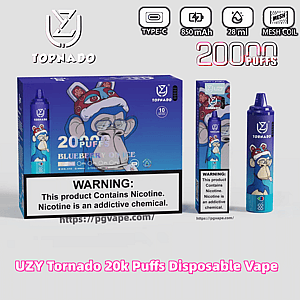 Embalagem de vape descartável UZY Tornado azul-púrpura e dois dispositivos com um macaco de desenho animado, marcados com 20.000 baforadas com ícones para carregamento Tipo C, 850 mAh, 28 ml e bobina de malha, além de uma etiqueta de advertência de nicotina proeminente.