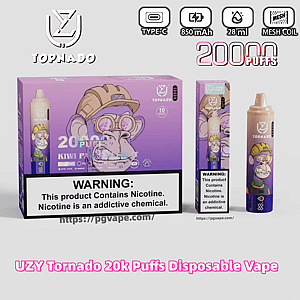 Display roxo de vaporizador descartável UZY Tornado mostrando uma caixa e duas imagens de dispositivos apresentando um macaco de desenho animado usando um capacete, ícones de produto para carregamento Tipo C, 850 mAh, 28 ml e bobina de malha, marca '20.000 baforadas' e uma etiqueta de advertência de nicotina proeminente.