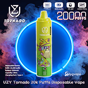 Vaporizador descartável verde-amarelo brilhante centrado com uma ilustração de um macaco de desenho animado, mostrado dentro de um anel azul brilhante contra vapor rosa e azul giratório, com a marca Tornado/Topnado, logotipo pgvape, ícones para Type-C, bateria de 850 mAh, capacidade de 28 mL e bobina de malha, e texto em negrito promovendo 20.000 baforadas.
