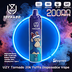 Center-stage purple-blue UZY Tornado disposable vape with a cartoon ape illustration, small digital display and mouthpiece inside a glowing blue ring, set against swirling pink and blue vapor with icons and text noting Type‑C charging, 850 mAh battery, 28 ml capacity and '20000 puffs' branding.