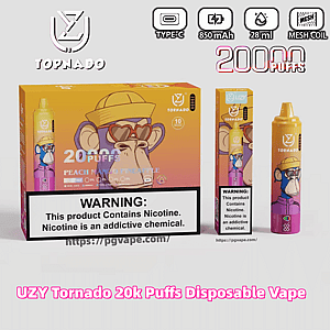 Embalagem colorida de vape descartável UZY Tornado e dispositivo com um macaco de desenho animado usando um chapéu amarelo e óculos de sol em formato de coração, rotulado com 20.000 baforadas com sabor de pêssego, manga e abacaxi, ícones de bobina Type-C/850 mAh/28 ml/malha e um aviso de nicotina em destaque.