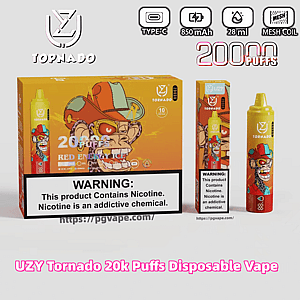 Caixa amarelo-laranja e vape descartável correspondente para 'UZY/Tornado' Red Energy Ice apresentando um macaco de desenho animado em um boné, grande 