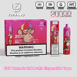 Caixa de vape descartável rosa UZY Tornado e dispositivo com um macaco de desenho animado em uma tampa multicolorida, rotulado 