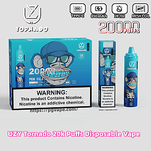 Embalagem e dispositivo de vape descartável Blue UZY Tornado mostrando um macaco sorridente de desenho animado usando boné e óculos de sol, rotulado com 20.000 baforadas com ícones para Type-C, 850 mAh, 28 ml e bobina de malha, e um aviso proeminente sobre dependência de nicotina.