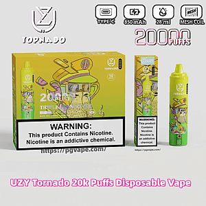 Dispositivo vape descartável UZY Tornado verde-amarelo brilhante e caixa correspondente com arte de personagem de desenho animado, ícones de produto mostrando Type-C, 850 mAh, 28 ml e bobina de malha com texto “20.000 baforadas” e uma etiqueta de advertência proeminente informando que o produto contém nicotina.
