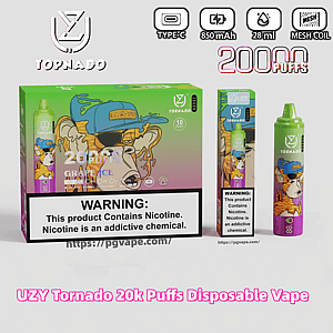 Conjunto de vaporizador descartável UZY Tornado em caixa com arte colorida de macaco, mostrando um dispositivo verde e rosa e embalagem rotulada com 20.000 baforadas e ícones para Type-C, 850 mAh, 28 ml e bobina de malha, com sabor de Grape Ice, com um rótulo de advertência de nicotina proeminente.