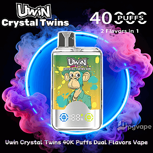 Front-facing Uwin Crystal Twins disposable vape device featuring a cartoon ape on the label, a small digital puff display and dual-flavor icons, centered in a neon blue ring with swirling pink and purple vapor and text noting 40K puffs and two flavors.