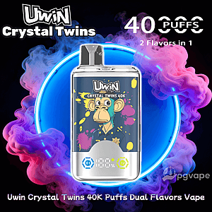 Rectangular Uwin Crystal Twins vape device featuring cartoon monkey artwork, a digital LED puff display and branding noting 40,000 puffs and two flavors in one, set inside a glowing blue ring with swirling pink and purple smoke background.