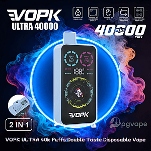 Rectangular VOPK Ultra 40000 disposable vape device with a colorful RGB screen showing dual-flavor icons, a central astronaut graphic and VOPK logo, set inside a neon blue ring with swirling pink and blue vapor and promotional text and icons advertising 40,000+ puffs, child lock, 36 mL capacity and dual-flavor switching.