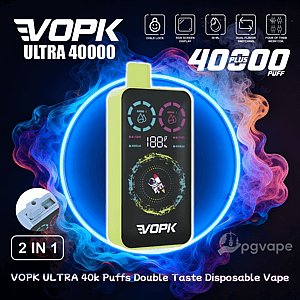 Pubblicità colorata che mostra un vape usa e getta VOPK Ultra 40000 verde lime con uno schermo RGB illuminato e il marchio con la scritta '40.000 plus puff', sullo sfondo di fumo blu e rosa e un alone circolare luminoso.