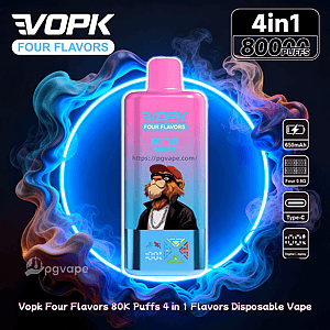 Pink-to-blue gradient VOPK disposable vape device with a cartoon bearded monkey in sunglasses on the body, centered inside a glowing neon ring and swirling smoke, labeled FOUR FLAVORS and 4in1 800 puffs with icons for 650mAh battery, four 0.9Ω coils, Type-C charging and a digital display.