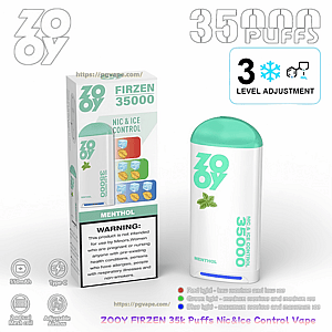 White and mint-green Zooy Firzen 35000 disposable vape next to its box labeled Menthol, showing 35,000 puffs, three-level nic-and-ice adjustment with colored indicator lights, a warning label, and small icons for 550mAh battery, Type-C charging, dual mesh coils and adjustable airflow.