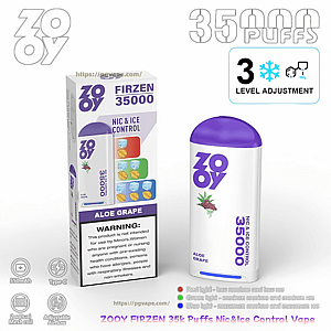 A white and purple Zooy Firzen 35000 disposable vape and its matching box labeled Aloe Grape showing NIC & ICE CONTROL, 35,000 puffs, a three-level ice adjustment icon, and a warning panel.